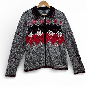 Erika Nordic Fair Isle Zip Cardigan Sweater Small Red Black Gray